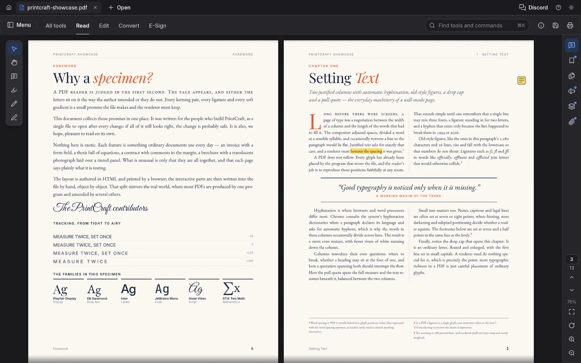 PdfCraft, a free online PDF editor, showing two facing pages in Read mode with the dark theme