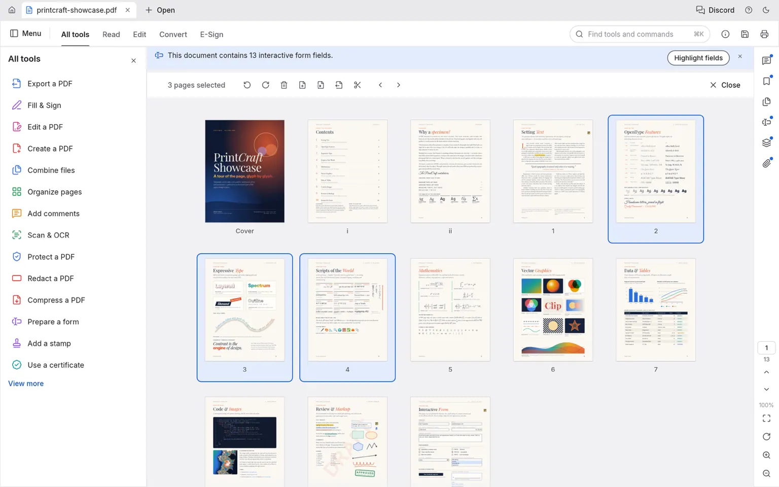 PdfCraft's page organizer showing document pages as draggable cards