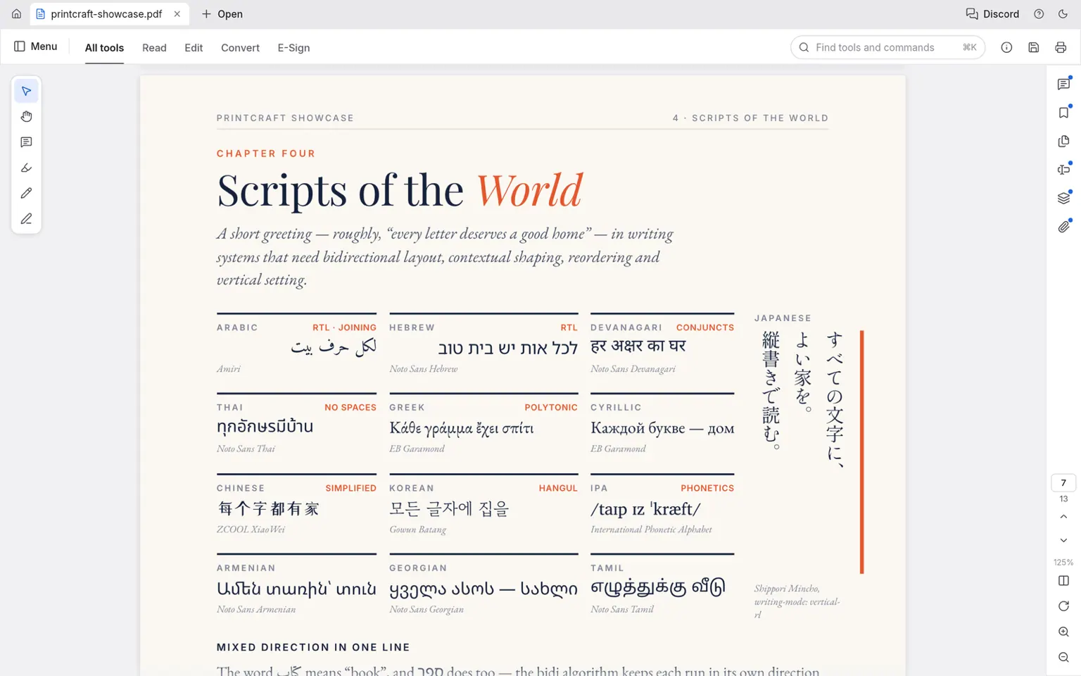 A PDF page rendered by PdfCraft showing Arabic, Hebrew, Devanagari, Thai, Greek, Cyrillic, Chinese, Korean and other scripts, plus vertical Japanese